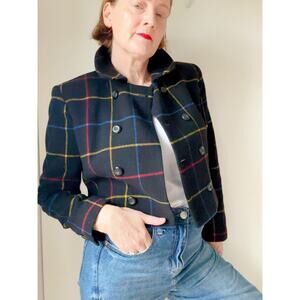 Vintage Wool Cropped Blazer Size 4 Mod Preppy Plaid Printed Classic 90s Era